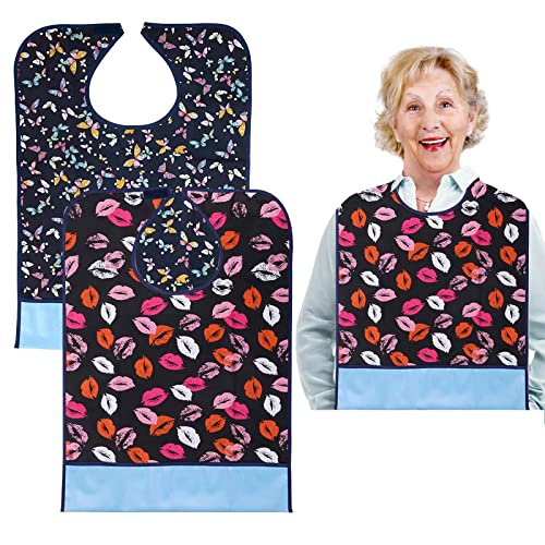 Babero adulto Impermeable, 2 PiezasBaberos Reutilizables Impermeables con Labios de Mariposa para Ancianos con Recogedor de Migas Baberos para Discapacitados para Adultos para Mujeres y Hombres Cover