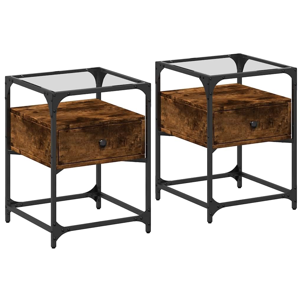 Table de chevet lot de 2 table d'appoint chêne fumé et acier 40x40x55 cm