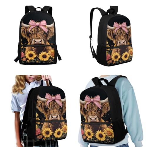 Highland Cow Kids School Backpack with Lunch Box 8-10/6-8 Black Bookbag Lunch Bag Pencil Pen Box Water Bottle Holder Kindergarten School Daycare Bag Satchel Bag 4pcs/set2