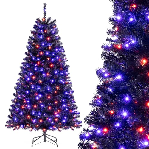 HAPPYGRILL 6 FT Pre-lit Black Christmas Tree, Artificial Halloween Tree