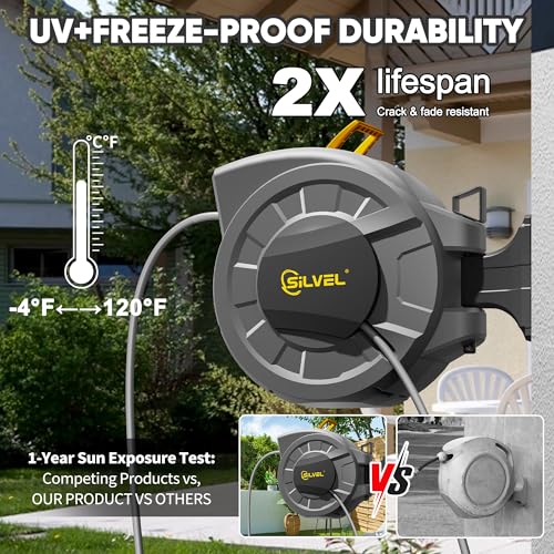 Image of SILVEL 1 /2 in x 110 FT Retractable Garden Hose Reel, UV Resistant Heavy Duty Automatic Hose Reel Wall Mount with 10 Pattern Nozzle, Any Length Lock & Slow Return System, 180Swivel Bracket, Yellow