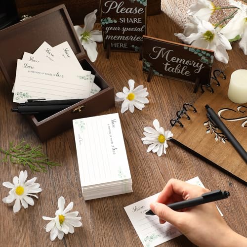 Image of Gilprop 112 Pcs Celebration of Life Memory Cards Set Share a Memory Cards with Box 2 Wood Sign with 4 Hold and 5 Pens, Sympathy Memorial Gifts Funeral Keepsake Decorations(Eucalyptus Leaves)