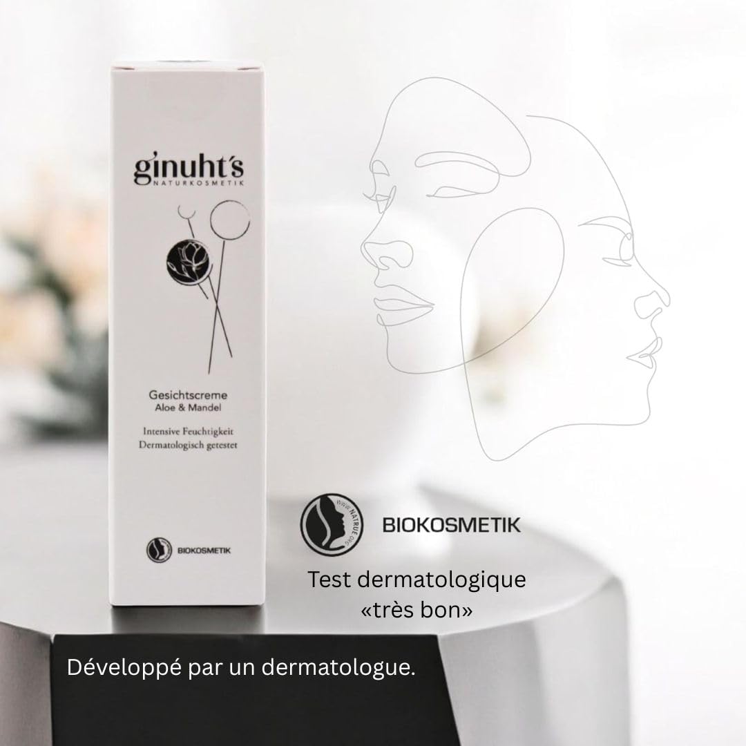 ginuht's NATURKOSMETIK Gesichtscreme 100% Bio für intensive Feuchtigkeit | Schnell einziehende Feuchtigkeitscreme für das Gesicht | Entzündungshemmende Tagescreme mit Aloe Vera & Mandelöl (50ml)