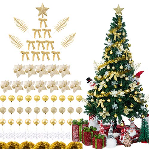 Sunnyglade - Juego de 94 adornos para árbol de Navidad, diseño de flores artificiales de pompa y decoración colgante de Navidad para árbol de Navidad, fiesta de boda (dorado) Cover