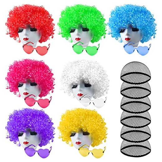 ELECLAND 7 Pezzi Parrucche per Feste 7 Pezzi Set di Occhiali da Sole e Cuffia per Parrucca, Parrucche Afro Ricce Neon Pacchetto