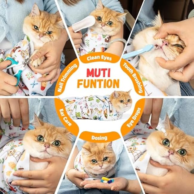 Professional Cat Grooming Wrap - Adjustable Restraint Blanket for Nail Clipping & Vet Visits, Escape-Proof Cat Wrapping Bag with Safety Straps, Large (27.6x27.6) for Cats Up to 15lbs-AY8rIRSh