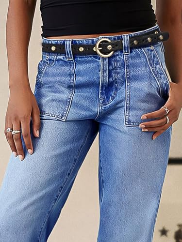 Flamingals Women’s Mid Rise Straight Leg Jeans Stretchy Baggy Boyfriend Wash Denim Jeans Without Belt3