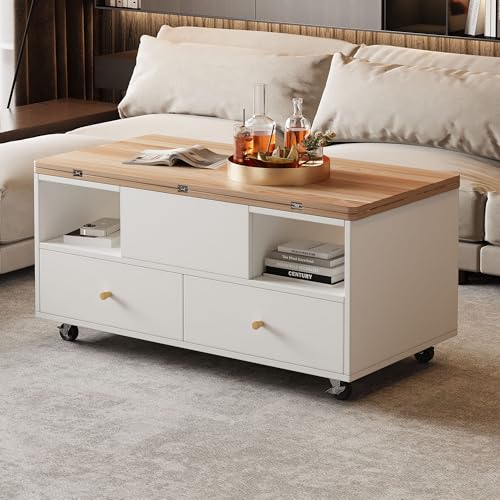 mesa de centro ajustable en altura con función plegable y 4 cajones, 50 x 100 cm, elevadora hidráulica grande y pequeña, salón móvil con ruedas universales