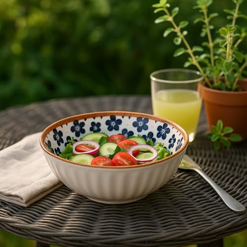Image of YELONA Ceramic Bowls Set of 2 - 300ml | Japanese Style Serving Bowls with Big Blue Floral Design | 11.5cm Diameter | Microwave & Dishwasher Safe | Lead-Free Glazed Interior | Elegant Beige Exterior