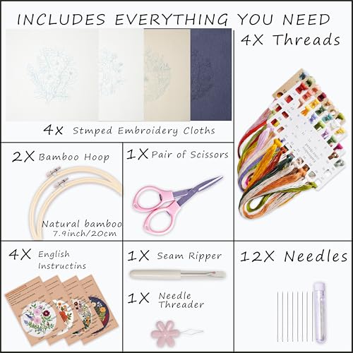 Image of Bonroy 4 Sets Embroidery Kit for Beginners with Instructions,Cross Stitch Kits for Adults with Pattern,Needlepoint Kits for Adult Include Embroidery Cloth Hoops Needles Threads