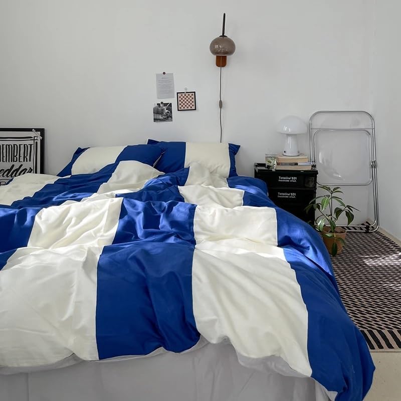 QuKan Bed, 100% Cotton Bedding Sets Blue White Plaid Duvet Cover Flat Sheet Pillowcase Twin Queen Size Bedlinen, MM-102