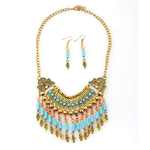 Yazilind Bohemian Style Tassel Pendant Chunky Necklace Earrings Exaggerated Jewelry Set Women Birthday Party Gift #TOP4