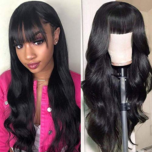 FASHION PLUS Body Wave Human Hair Wigs with Bangs 150% Density None Lace Front Wigs Glueless Machine Made Human Hair Wigs for Black Women Natural Color (18 inch)