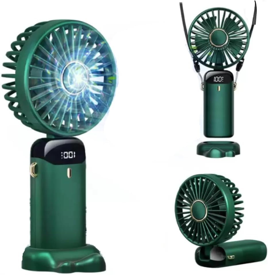 Mini Portable Fan | Rechargeable USB Handheld Fan | 5-Speed Adjustable, Handheld Cooling Fan for Home, Office, Car, and Travel | Compact & Lightweight Design | 90° Foldable Desk Fan with Base (Green)
