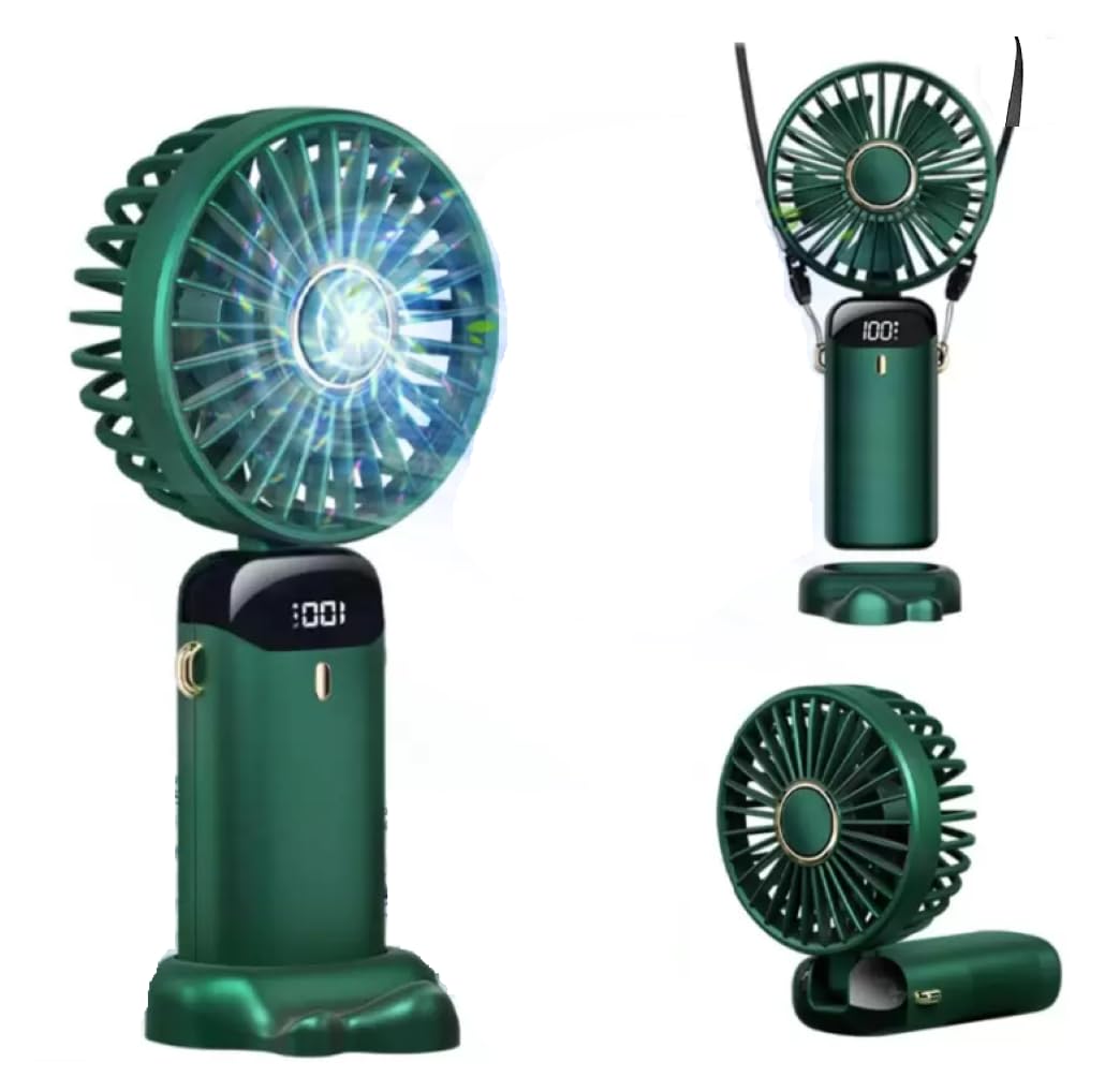 Mini Portable Fan | Rechargeable USB Handheld Fan | 5-Speed Adjustable, Handheld Cooling Fan for Home, Office, Car, and Travel | Compact & Lightweight Design | 90° Foldable Desk Fan with Base (Green)-image-14