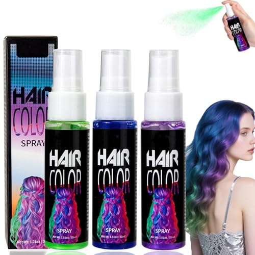 3 Colors Temporary Hair Colour Spray, Purple Green Blue Hair Spray, Washable One Time Temporary Hair Dye for Kids Adults, Instant Styling Cosplay, Prom, Party, Christmas, Halloween