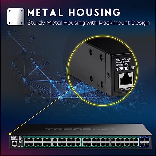 Image of TRENDnet 52-Port Gigabit Web Smart PoE+ Switch with 10G SFP+ Ports, TPE-3524SF, 48 x Gigabit PoE+ Ports, 4 x 10G SFP+ Ports, 740W PoE Power Budget, Lifetime Protection, Black