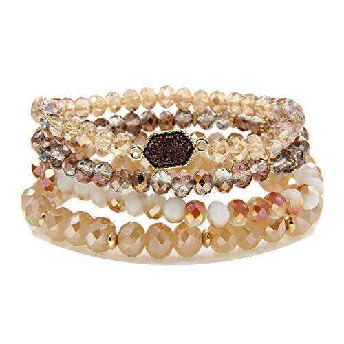 Image of Gold Beaded Bracelet Set, Square Stone Hexagon Druzy Stretch Beaded Stackable Bracelets Bangles