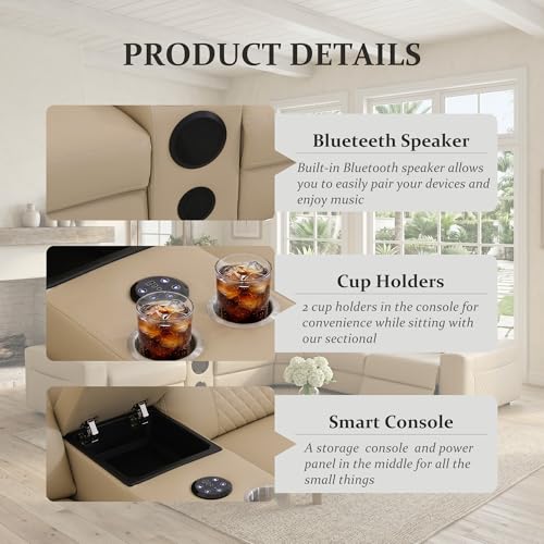 Image of Power Recliner Sectional Sofa, L-Shaped Living Room Furniture, 5 Seaters Reclining Sectional Couch with Storage Console /Cup Holder, Khaki Leather Corner Furniture for Living Room /House /Apartment