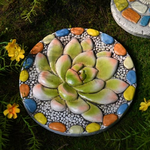 LC LCdecohome Succulent Pattern Cement Stepping Stones Outdoor - Stepping Stones Pavers for Outside Walkway Stones Multicolored Outdoor Decorative Stone for Garden 0.75 * 10 * 10 Inch