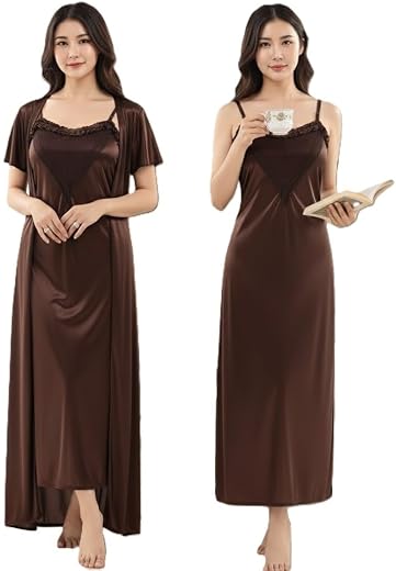 WEAVEWEAR CLOTHING Women Satin Nighty with Robe Set | 2 Piece Night Dress &amp; Inner Slip | Soft Silky Sleeveless Long Nightg...
