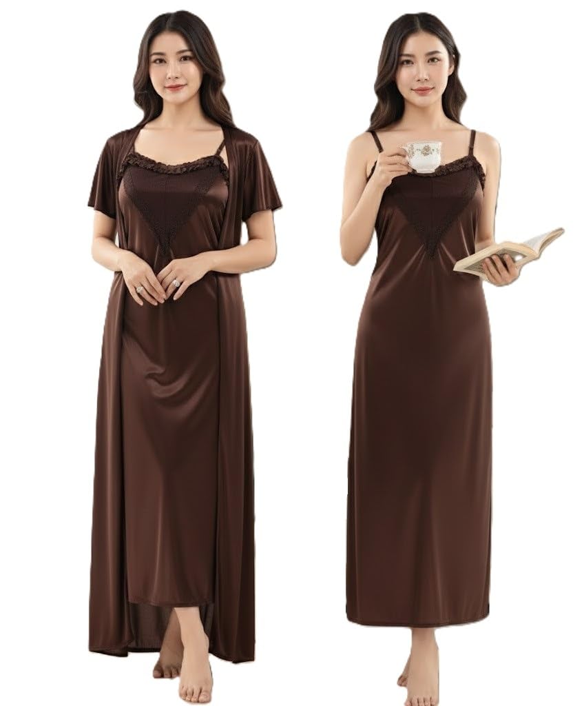 Women Satin Nighty with Robe Set | 2 Piece Night Dress & Inner Slip | Soft Silky Sleeveless Long Nightgown with Matching Robe | Comfortable Sleepwear for Women-image-16