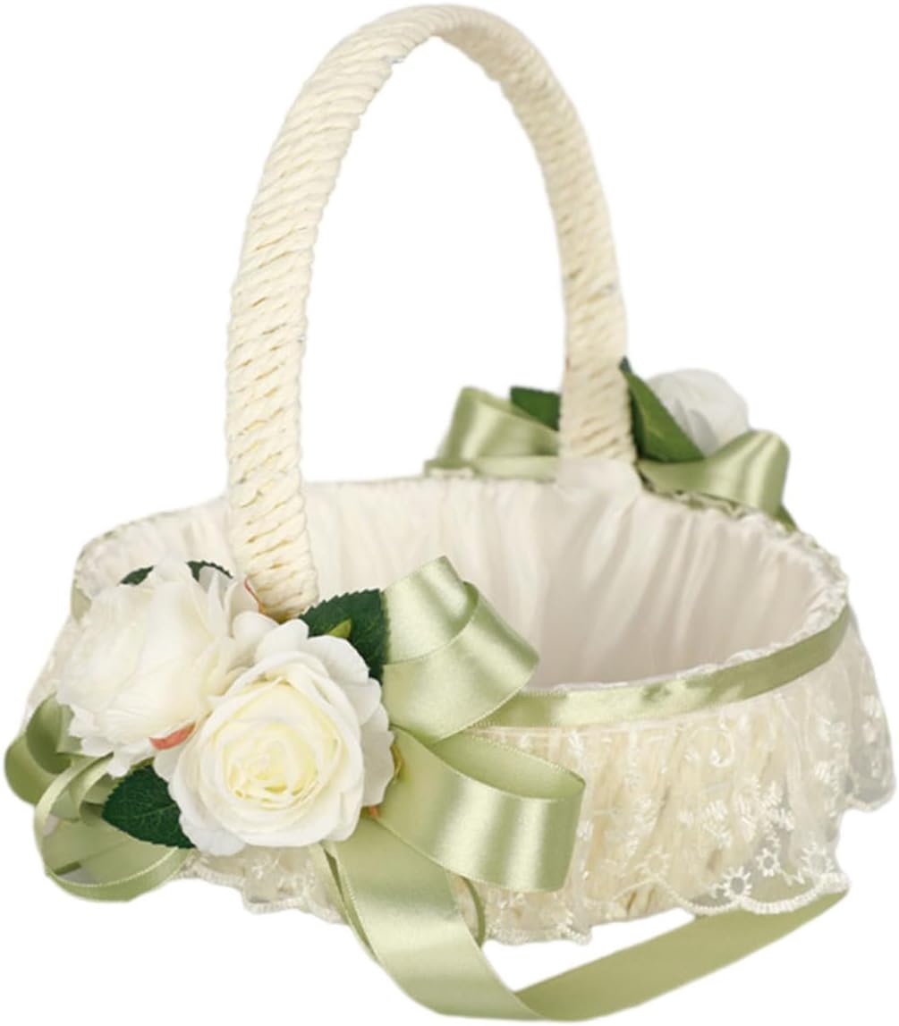 Wedding Flower Girl Basket Handheld Elegant Bowknot Flower Basket for Wedding Ceremony