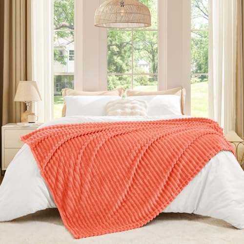 Image of BEDELITE Fleece Throw Blanket for Couch - 3D Ribbed Jacquard Soft and Warm Decorative Fuzzy Blanket - Cozy, Fluffy, Plush Lightweight Coral Red Throw Blankets for Bed, Sofa, 50x60 inches