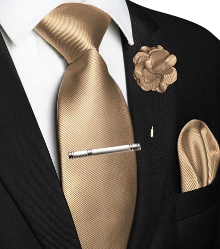 Image of JEMYGINS Formal Necktie Solid Color Tie and Pocket Square with Tie Clip Lapel Pin Sets for Men 4PCS