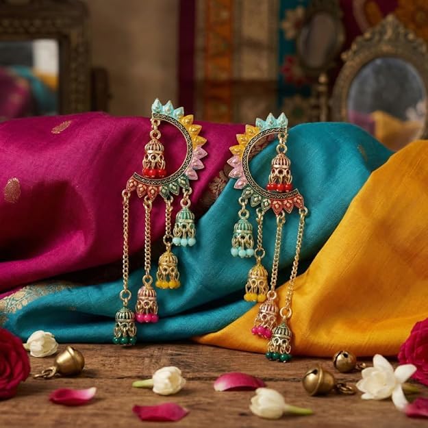 Image of WORLD CRAZE Multicolour long kashmiri jhumka for women chandbali earrings chand baliyan | kashmiri earrings for women | bahubali earrings stylish | Traditional Indian Festive Jewelry | Long Chain Tassels | Pearl Drop Latkan Jewellery (Multi colour)