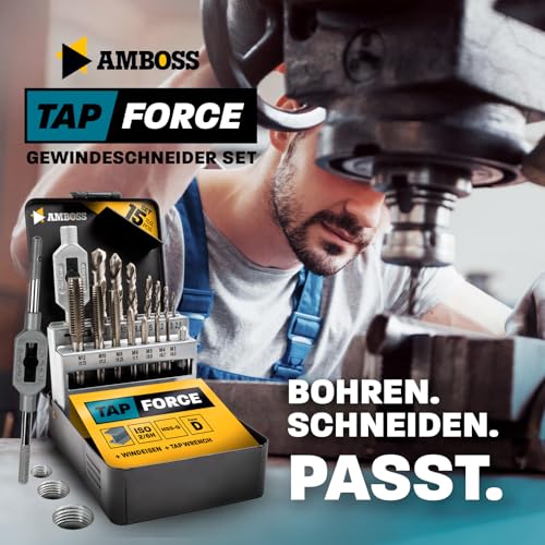 Gewindeschneider Set Metrisch, M3 - M12, 15tlg. HSS-G/Windeisen/Amboss Tap Force/Gewindeschneidsatz, Gewindeschneidsortiment, Schneidsatz, Gewindebohrer Set / M3 & M4 & M5 & M6 & M8 & M10 & M12