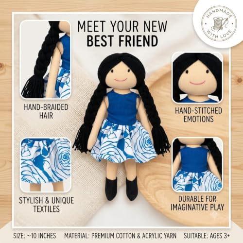 Image of Handcrafted Indian Rag Doll Set, Stitch Soft Toy Doll for Kids, Soft Cotton Fabric Yarn Cloth Doll, Traditional South Indian Soft Toys for Kids Room Decor (Blue, Floral)