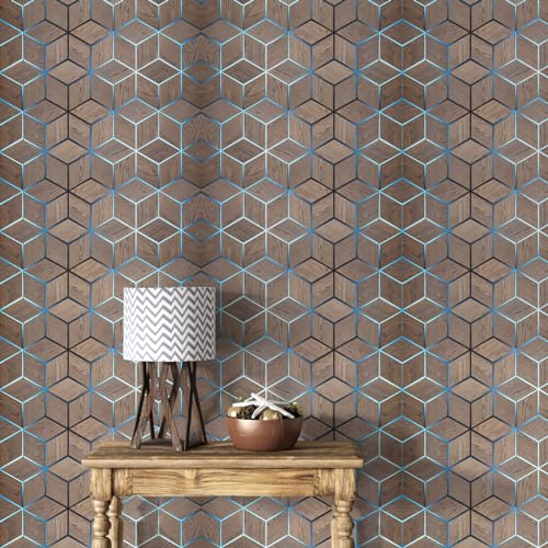 Image of DWELLSINDIA 3D Wood Geometric Pattern Self Adhesive Wallpaper Waterproof, Scratch Resistant, Laminated (244cmx41cm, Brown)