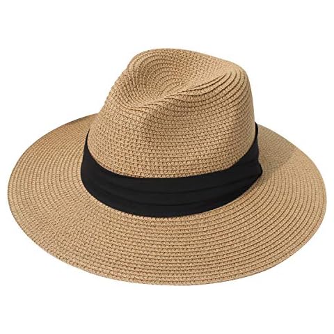 DRESHOW Damen Panama Hut Breiter Krempe Stroh Sommer Fedora Strohhut Panama Aufrollen Hut Strand Rollbar UV Sonnenhut UPF 50 + (Fedora Khaki) Cover