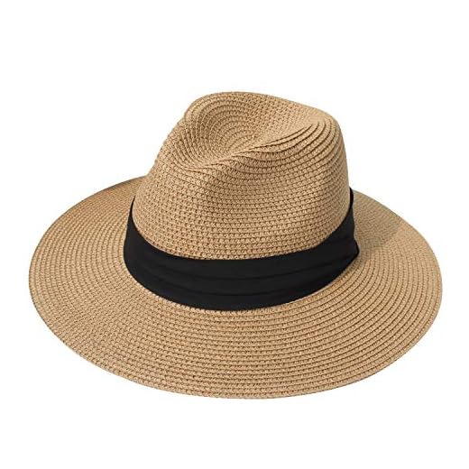 DRESHOW Sombrero de paja de Panamá para mujer Sombrero de playa de Fedora Sombrero de sol de ala ancha Sombrero enrollable UPF 50+
