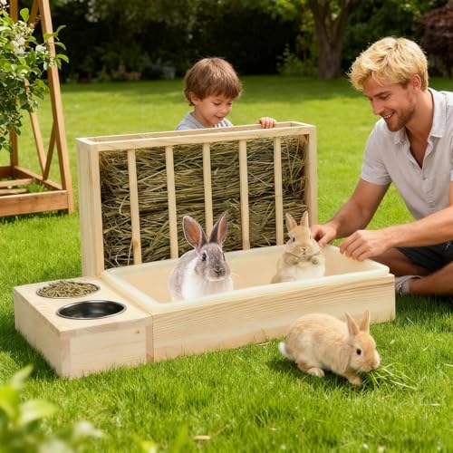 Cuenco de agua de madera y dispensador de comida de conejo 4