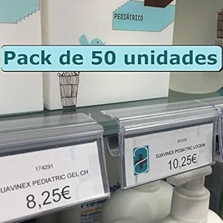 Kit 50 porte-prix pour étagère en verre. Étiquette de 30 x 65 mm. Transparent.