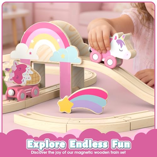 Lehoo Castle Wooden Train Set for Girls, Pink Unicorn Train Set — view 2