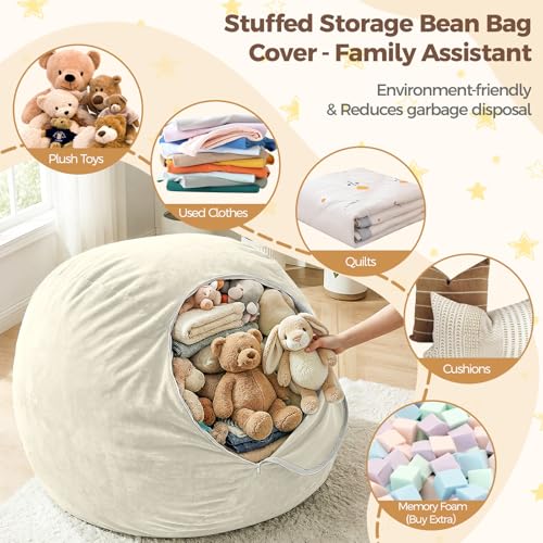 Image of Stuffed Animal Storage Bean Bag Chair Cover for Kids (No Filler), Soft Comfy Velvet Beanbag Chair Cover Machine Washable, Kids Bean Bag Chair with Handle for Living Room Bedroom Dorm, White