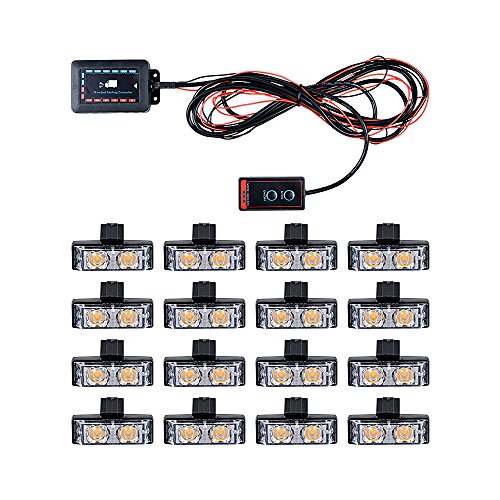 Astra Depot 16pcs Amber 2-LED Emergency Warning Grille Flash Strobe Lights Bar with Clips and 2pcs Control Box Kit