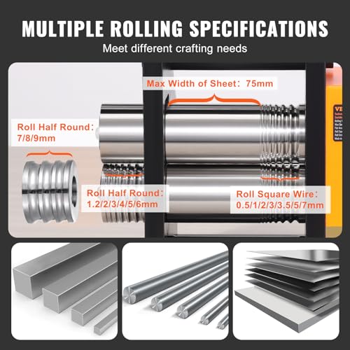 VEVOR 3 in 1 Handwalzwerk Maschine 75 mm Kombinationswalzwerk, Manueller Walzwerk Schmuckwalzwerk Einstellbare Dicke von 0,03 bis 6,5 mm, Handwalzwerk Maschine für Platin/K-Gold/Messing