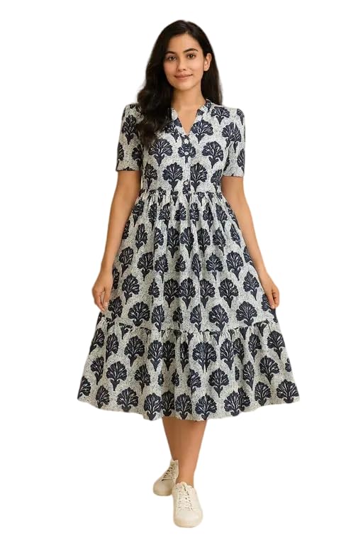 Image of Women's Round Neck Floral Block Printed Elbow Sleeves Front Button Detailing Layered and Tiered Hem Kurti Gown