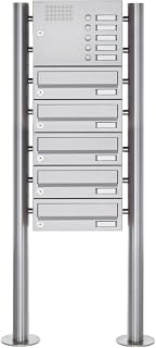Standbriefkasten mit Klingel 5 Parteien Edelstahl | Briefkastenanlage freistehend für Mehrfamilienhaus; 5 Postfächer; Klingel oben; BxHxT 465x1500x435 mm; 12 L je Fach