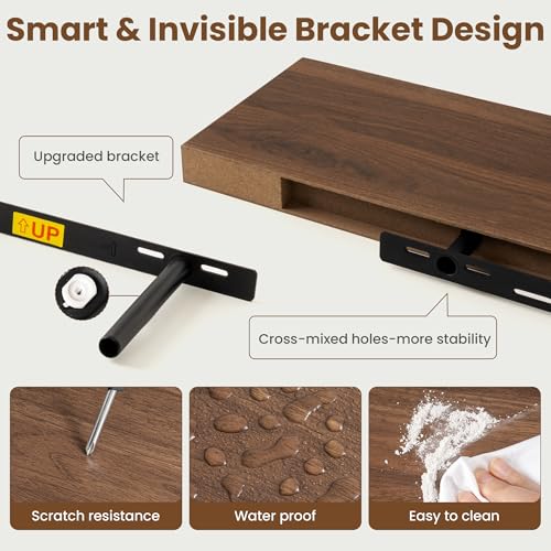 Image of 72 Inch Floating Shelves for Wall, 8 Inch Deep Floating Shelf for Storage & Display, Rustic Wall Mounted Shelf with Invisible Brackets for Living Room, Kitchen, Bathroom, Home Decor, Set of 2, Walnut