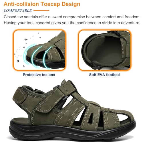 Mens Fisherman Leather Closed Toe Sandals Comfortable Adjustable Summer Outdoor Athletic Walking Dress Casual Sandalias Whith Memory Foam Green4