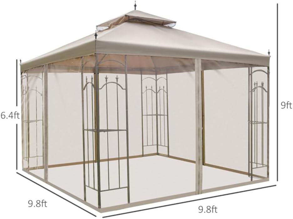 10 x 10 FT Outdoor Gazebo with Storage Shelves, Double Tier Canopy with Mesh Netting, Steel Frame Patio Tent with Arrow Tip Design, Reinforced Corner Garden Shelter for Backyard Deck