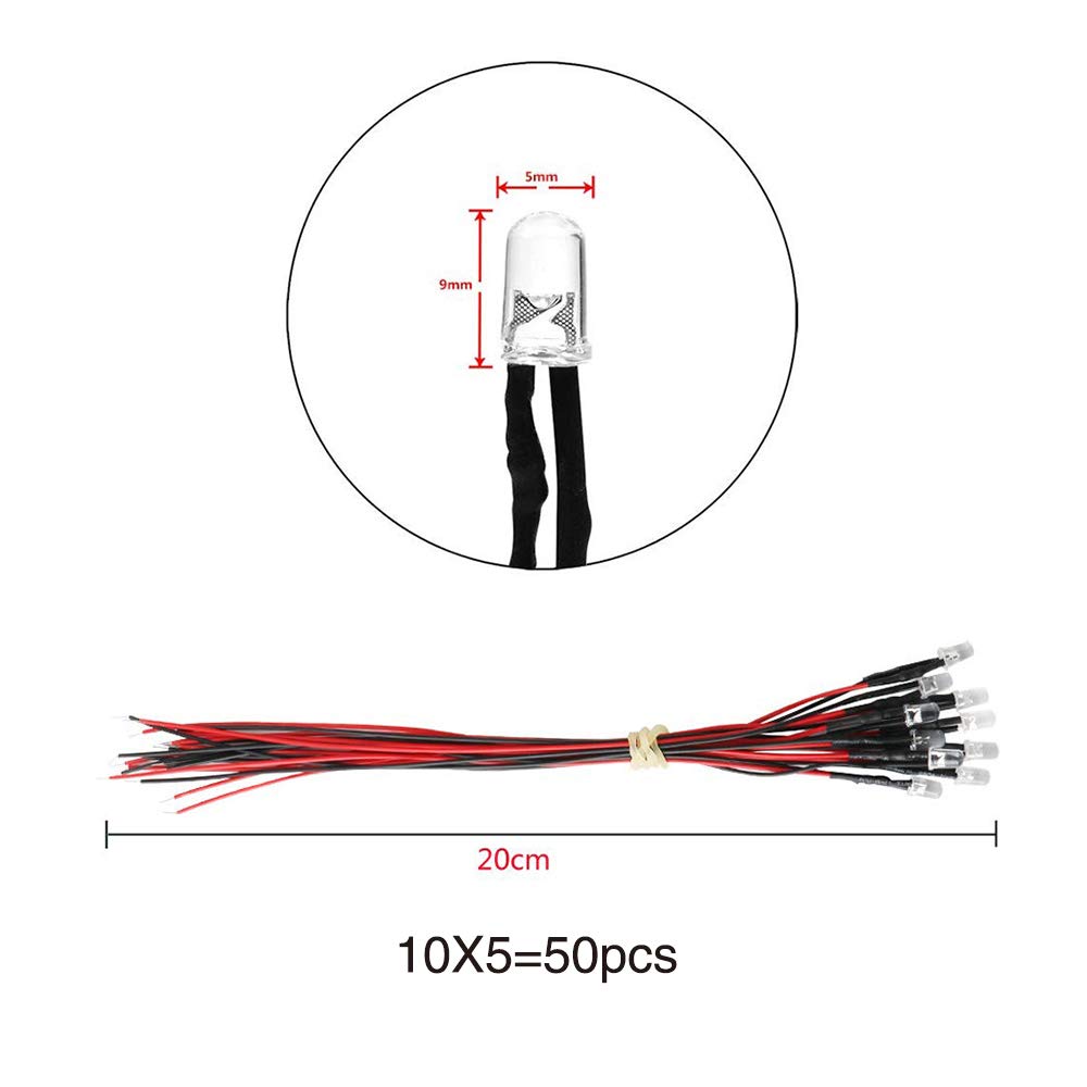 YIXISI 50 Pièces 12V Diodes LED Pre-Wired Round Top Ampoule Lampe 5mm