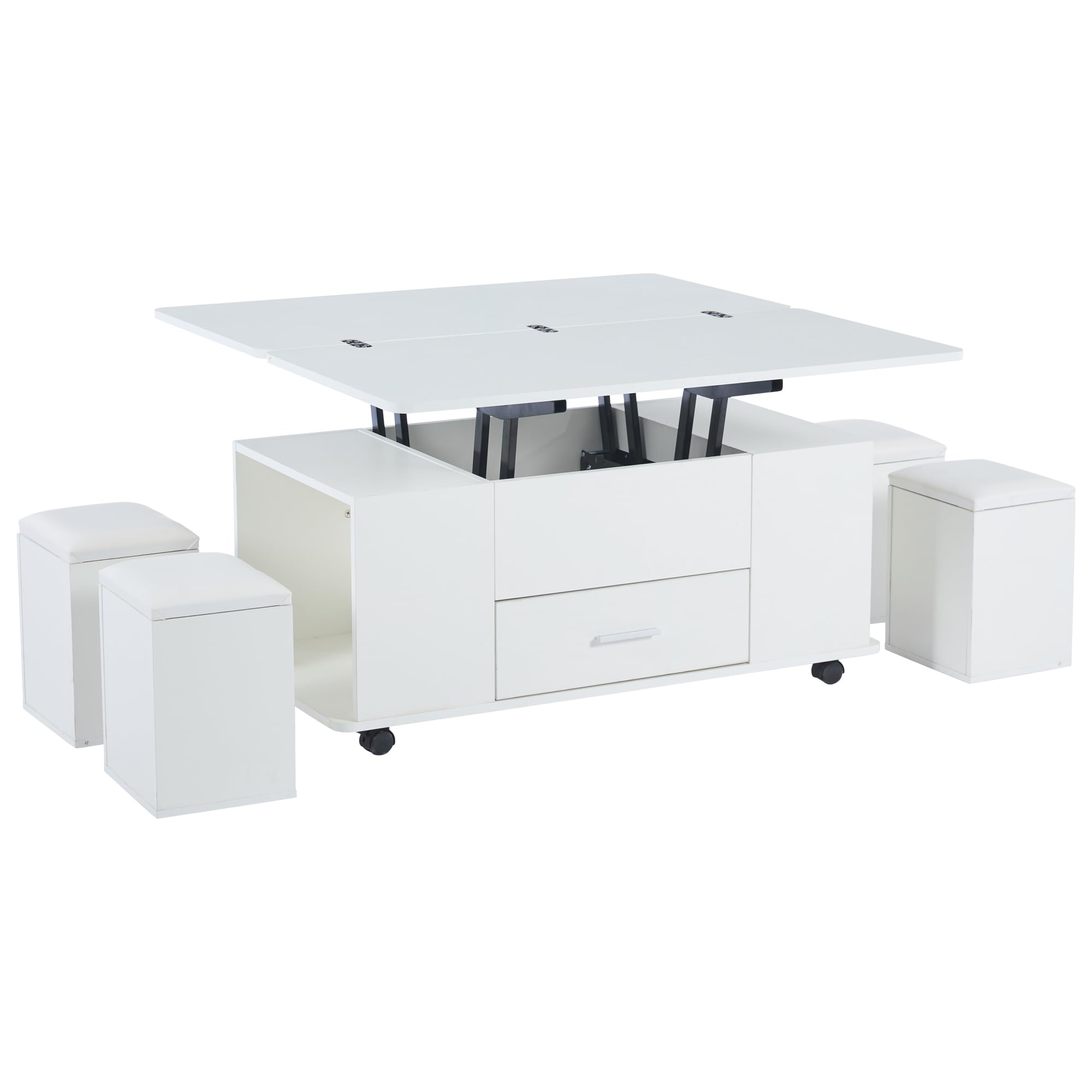Mesa de centro regulable en altura, mesa de sofá portátil, 4 en 1, convertible en mesa de comedor, mesa con cajones, con 4 taburetes, color blanco