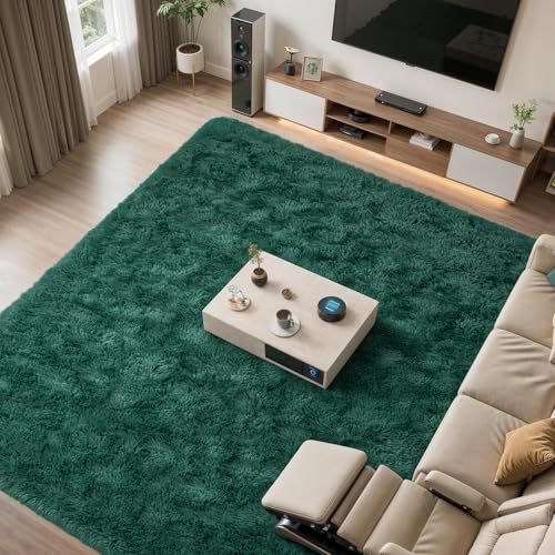 Zentavio Dark Green Area Rugs for Living Room Emerald Green Rugs for Bedroom 9x12 Fluffy Fake Grass Large Carpet for Kids Room Playroom Furry Shag Aesthetic Soft High Pile Washable Home Decor