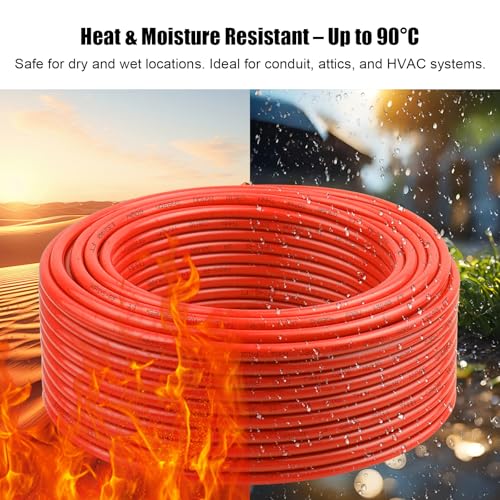 Image of THHN Wire 100 FT, Single Bare Copper Conductor, 10AWG Red Electrical Wire, Solid Building Wire 600V Nylon Sheath Cable for Indoor /Outdoor Applications